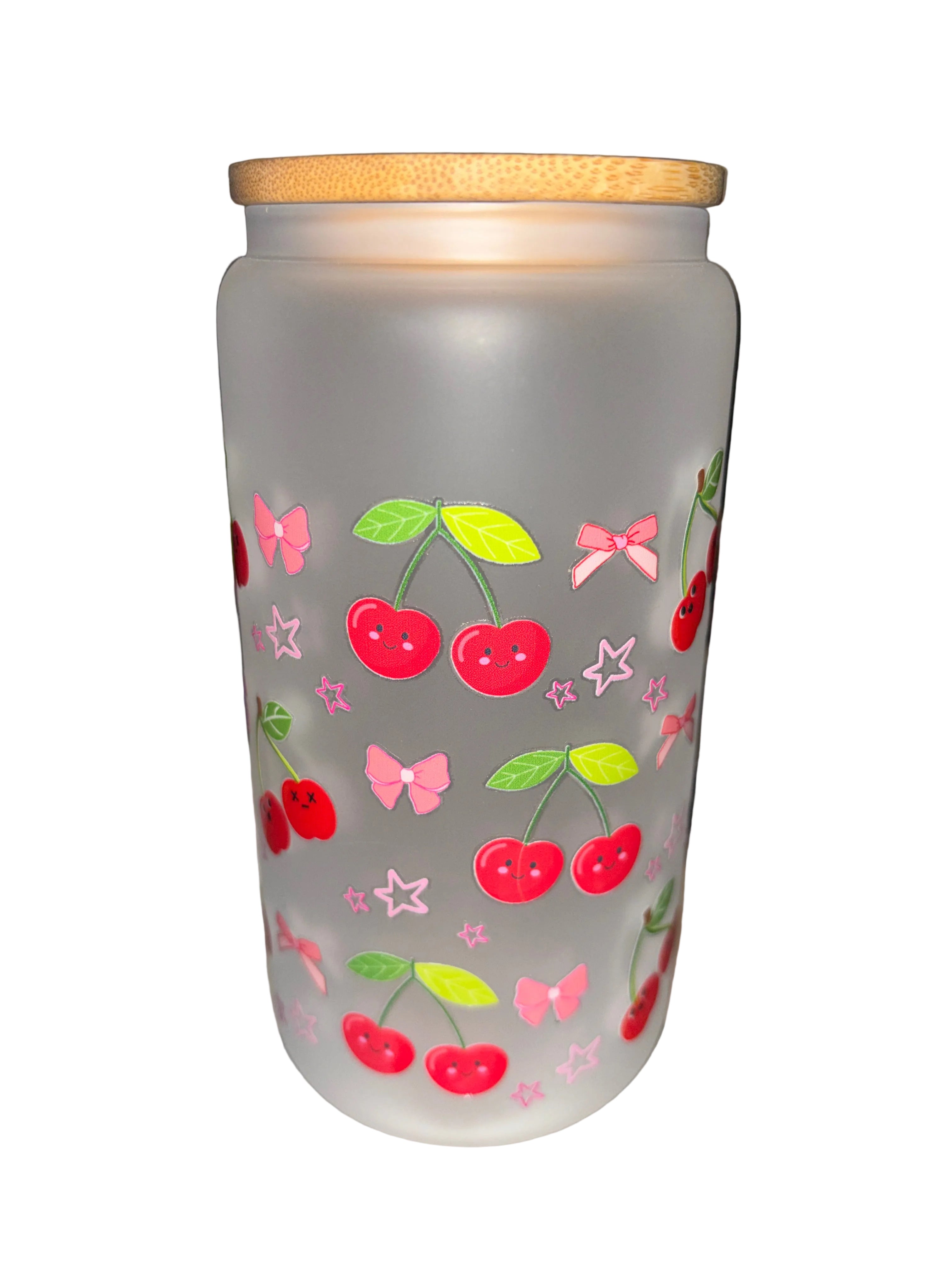 Cherry and Bow Fun Spring 16 oz. frosted glass hand wash only