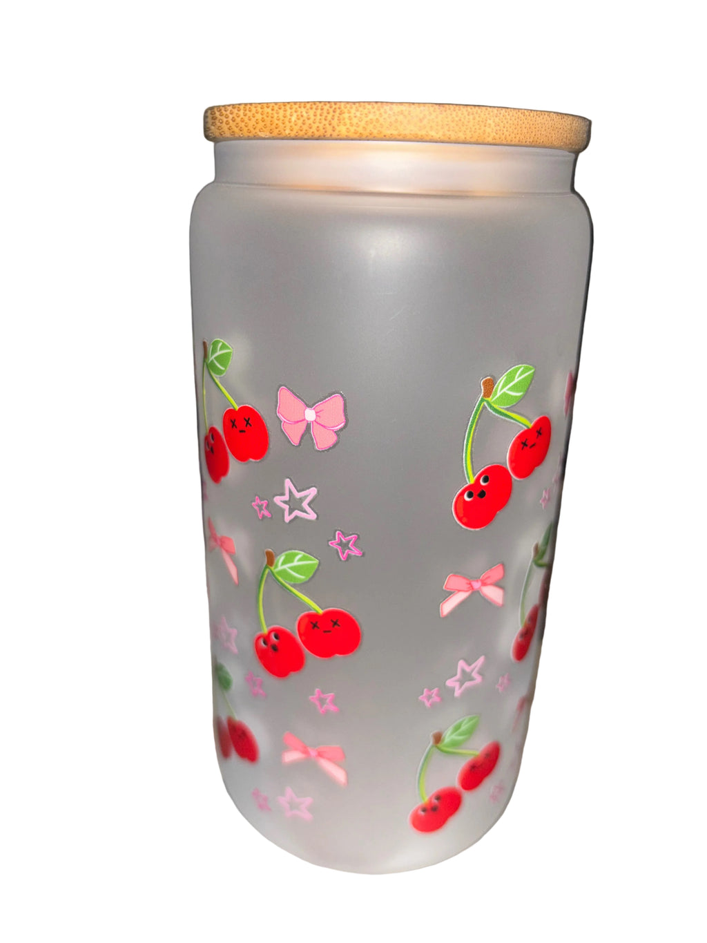 Cherry and Bow Fun Spring 16 oz. frosted glass hand wash only