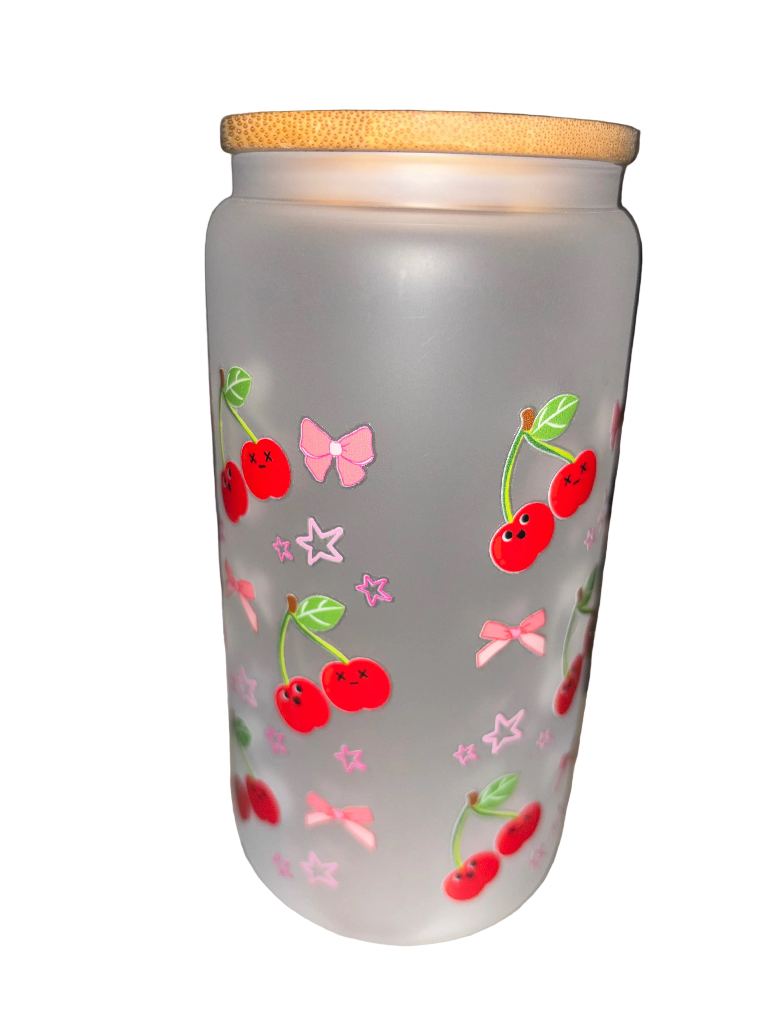 Cherry and Bow Fun Spring 16 oz. frosted glass hand wash only